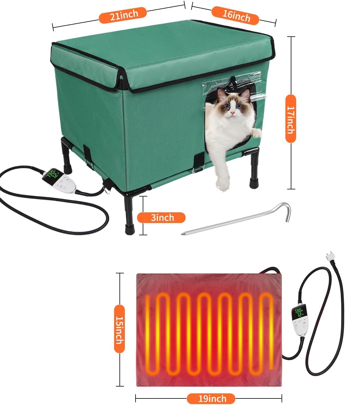 21" Heated Cat House with Heating Pet Pad K390