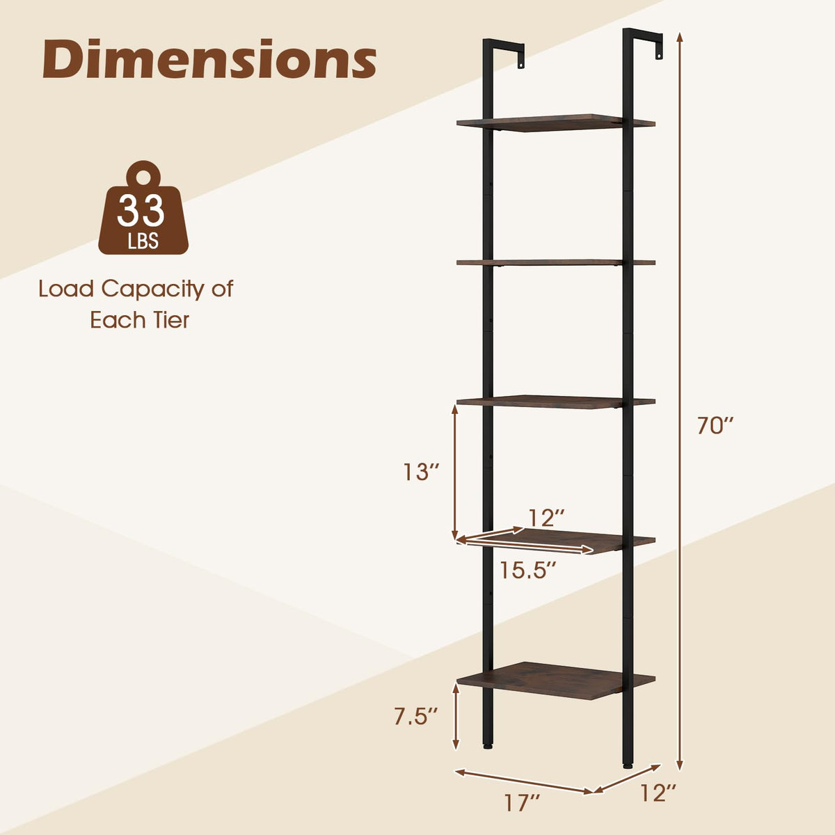 5 Tier Wall Mount Ladder Shelf with Metal Frame Y10841