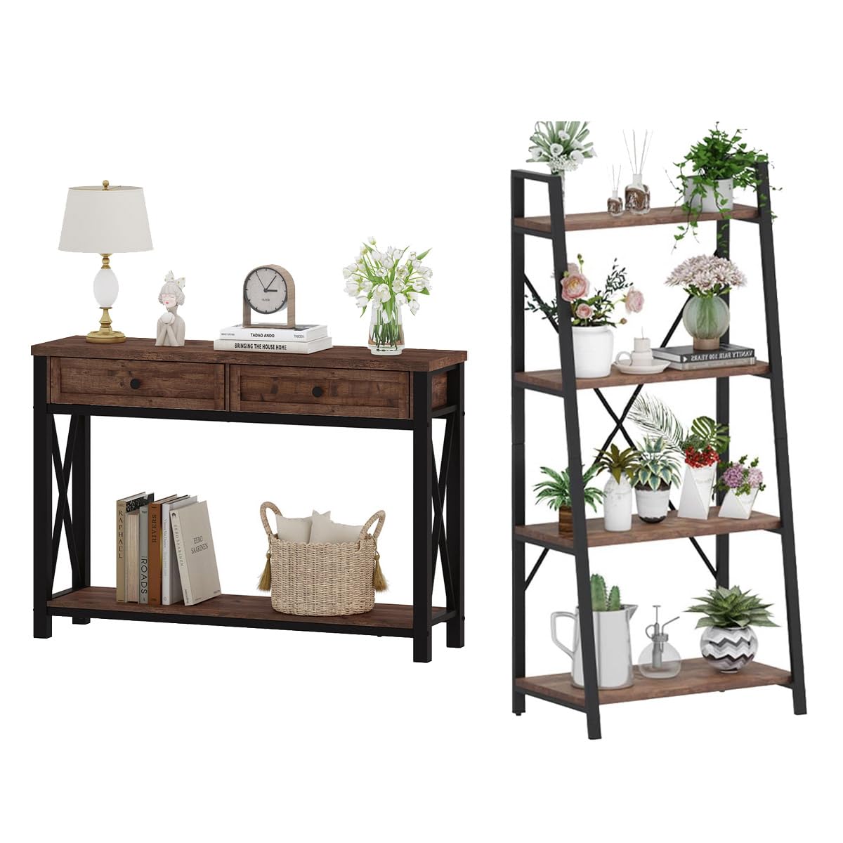 Rustic Console Table with 2 Drawers and 4-Tier Ladder Shelf Y858