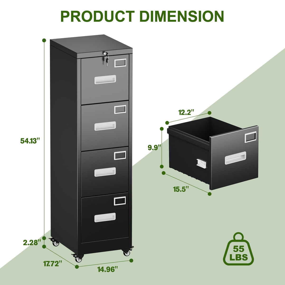 Metal 4 Drawer File Cabinet with Lock and Wheels, Black S2839