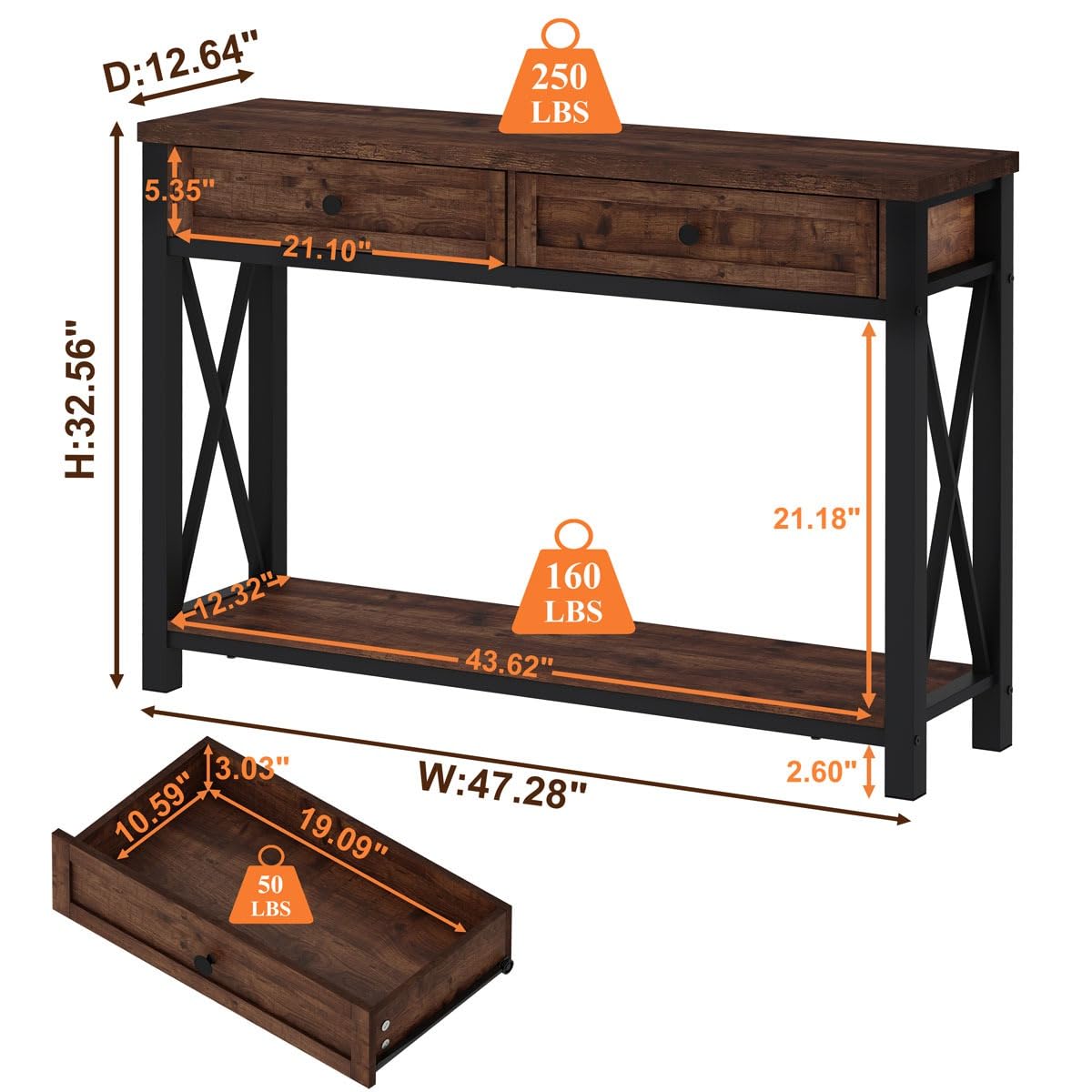 Rustic Console Table with 2 Drawers and 4-Tier Ladder Shelf Y858