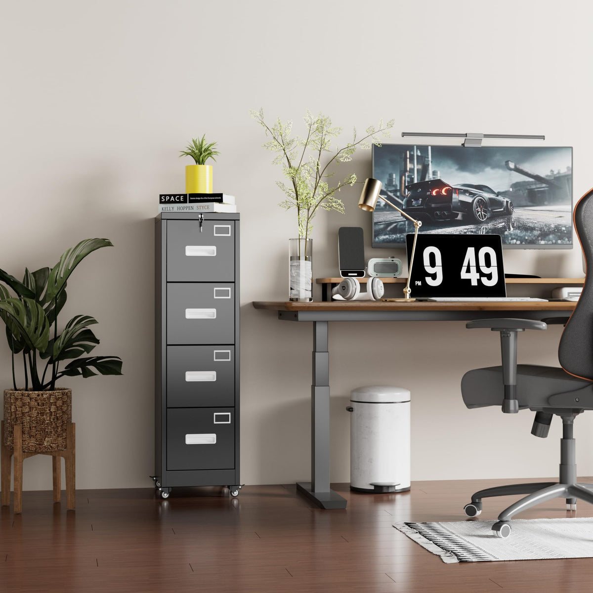 Metal 4 Drawer File Cabinet with Lock and Wheels, Black S2839