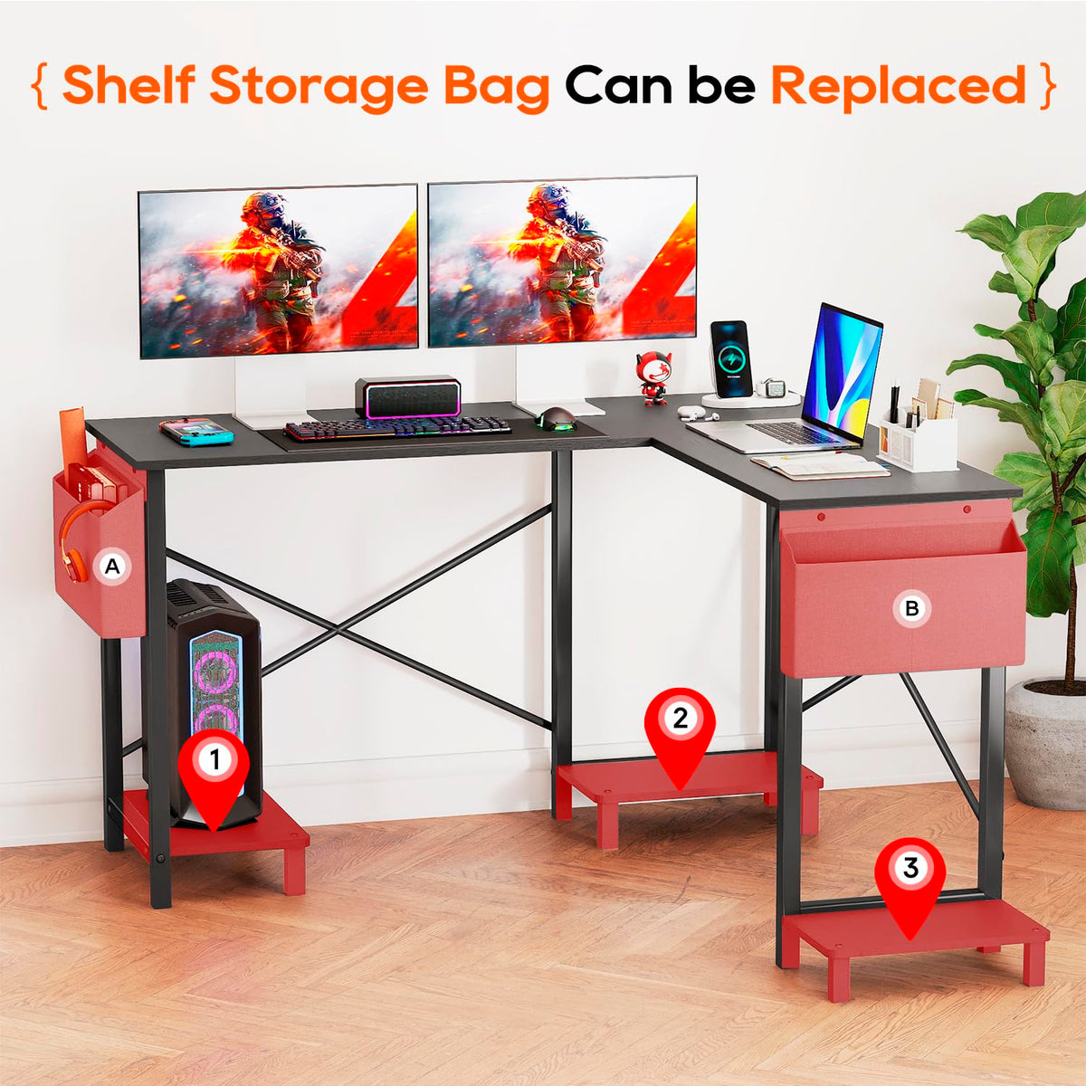 50 Inch Black L-Shaped Desk with Side Storage Bag & CPU Stand T465