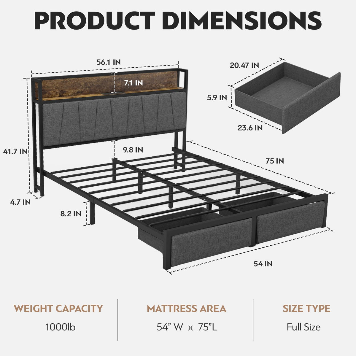 Full Size Storage Bed Frame with Headboard V12724