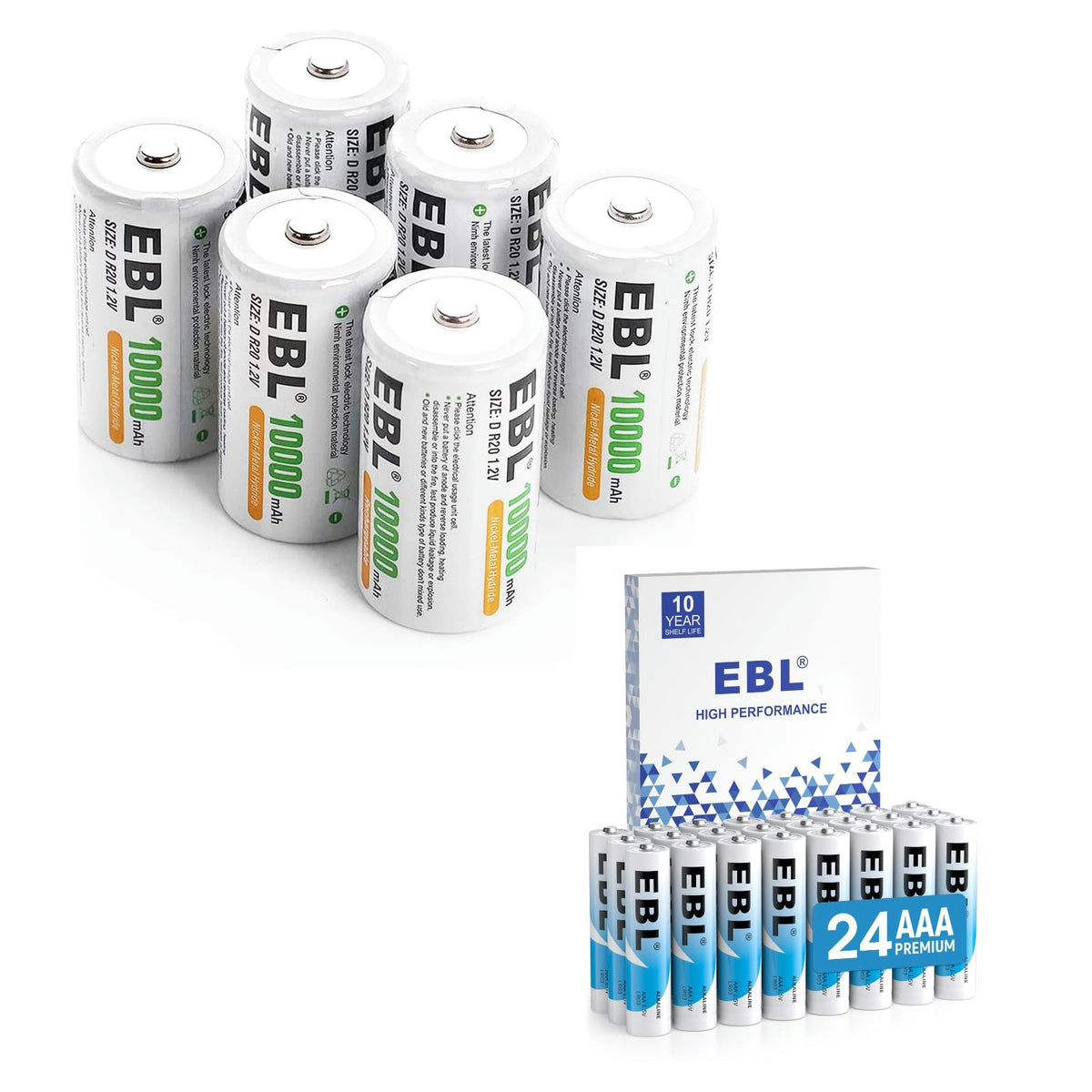 D Size Rechargeable Batteries 6 Pack, AAA Batteries 24 Pack T8472