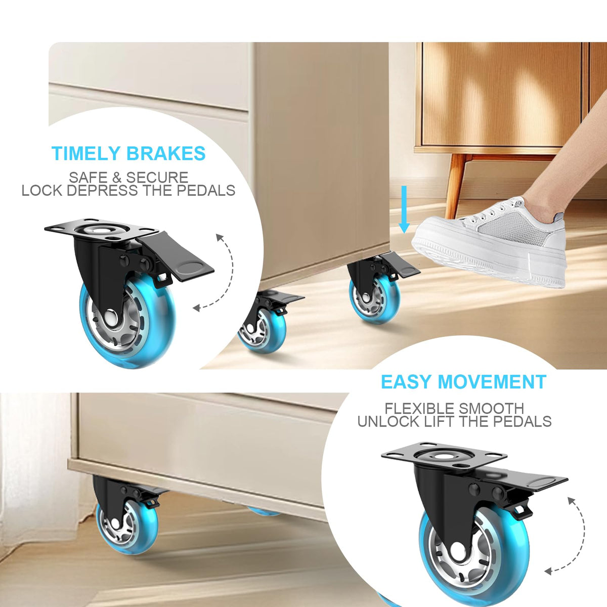 3 Inch Plate Casters Set of 4 Double Brake Heavy Duty W69665