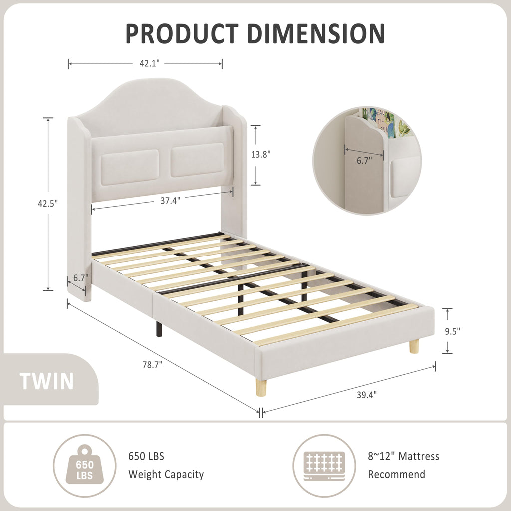 Beige Upholstered Platform Bed with LED Lights Y767145