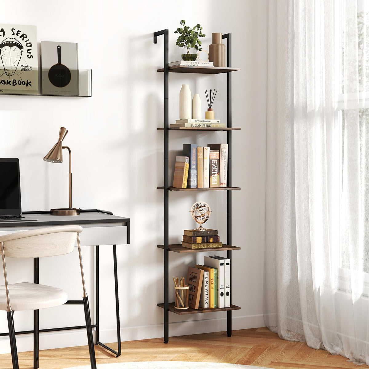 5 Tier Wall Mount Ladder Shelf with Metal Frame Y10841