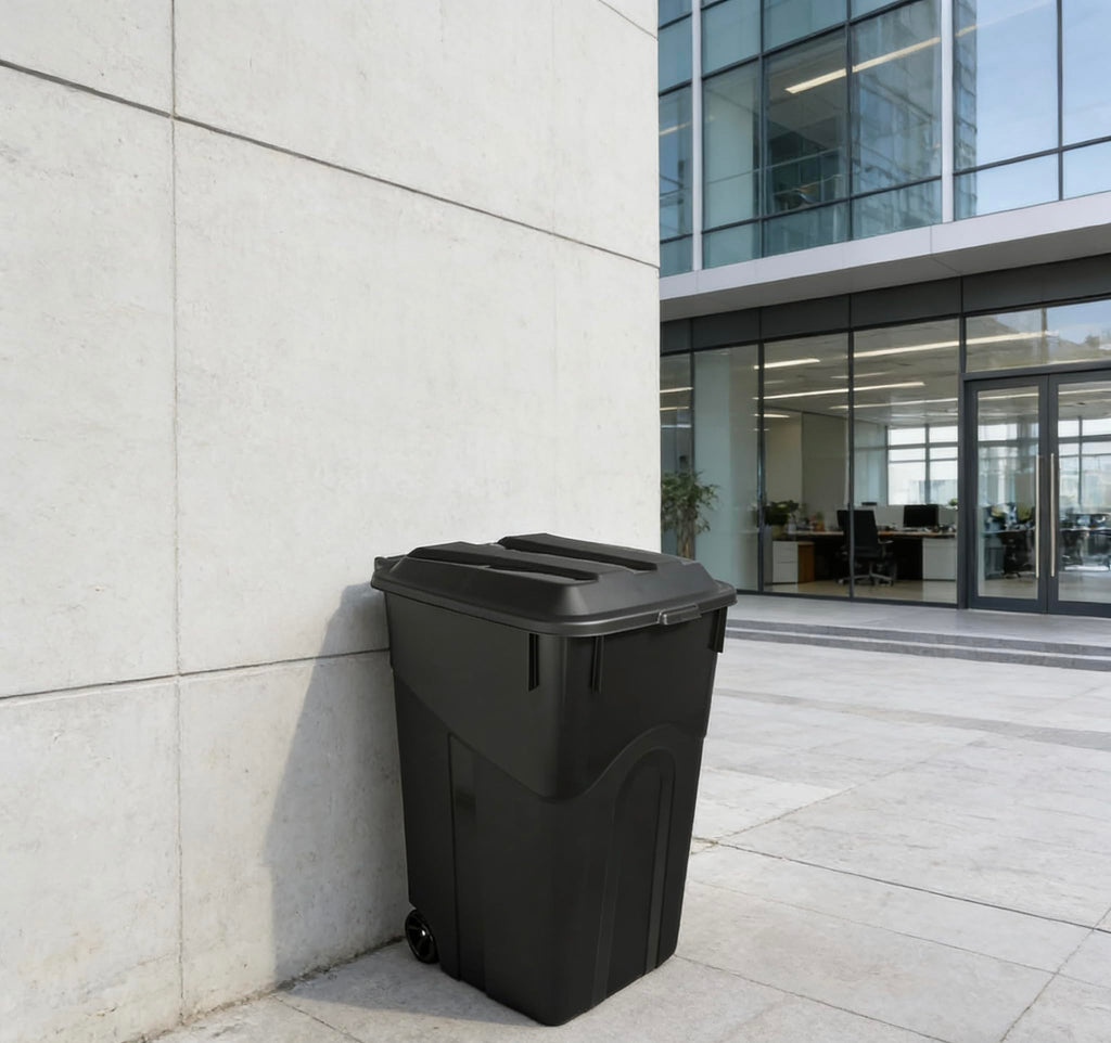 45 Gallon Black Wheeled Garbage Can with Attached Lid K359