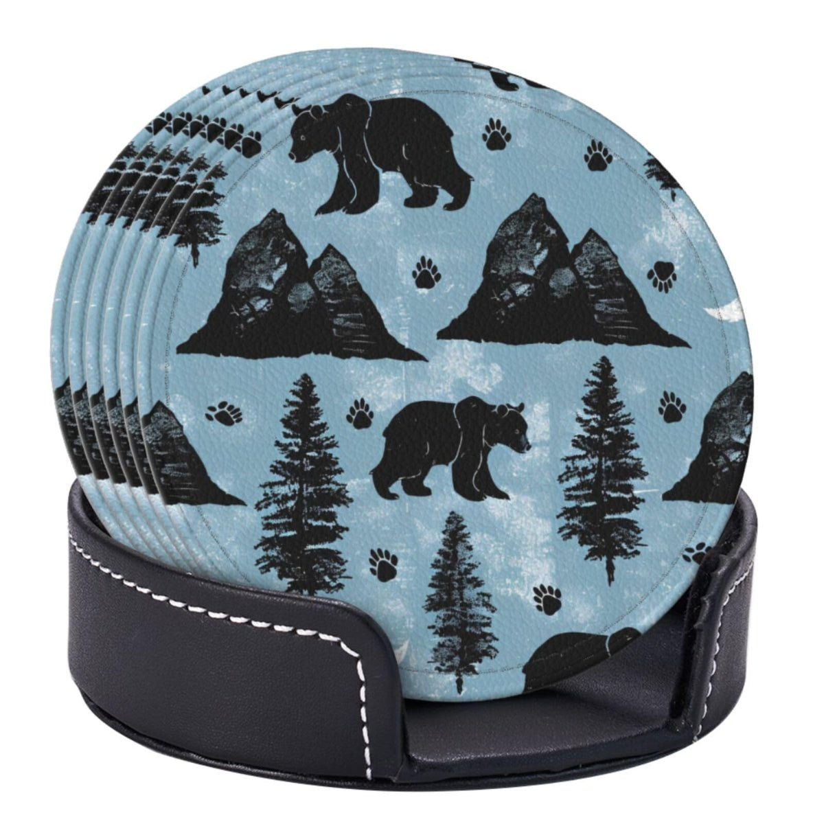 Black Leather Coasters Set with Holder S733