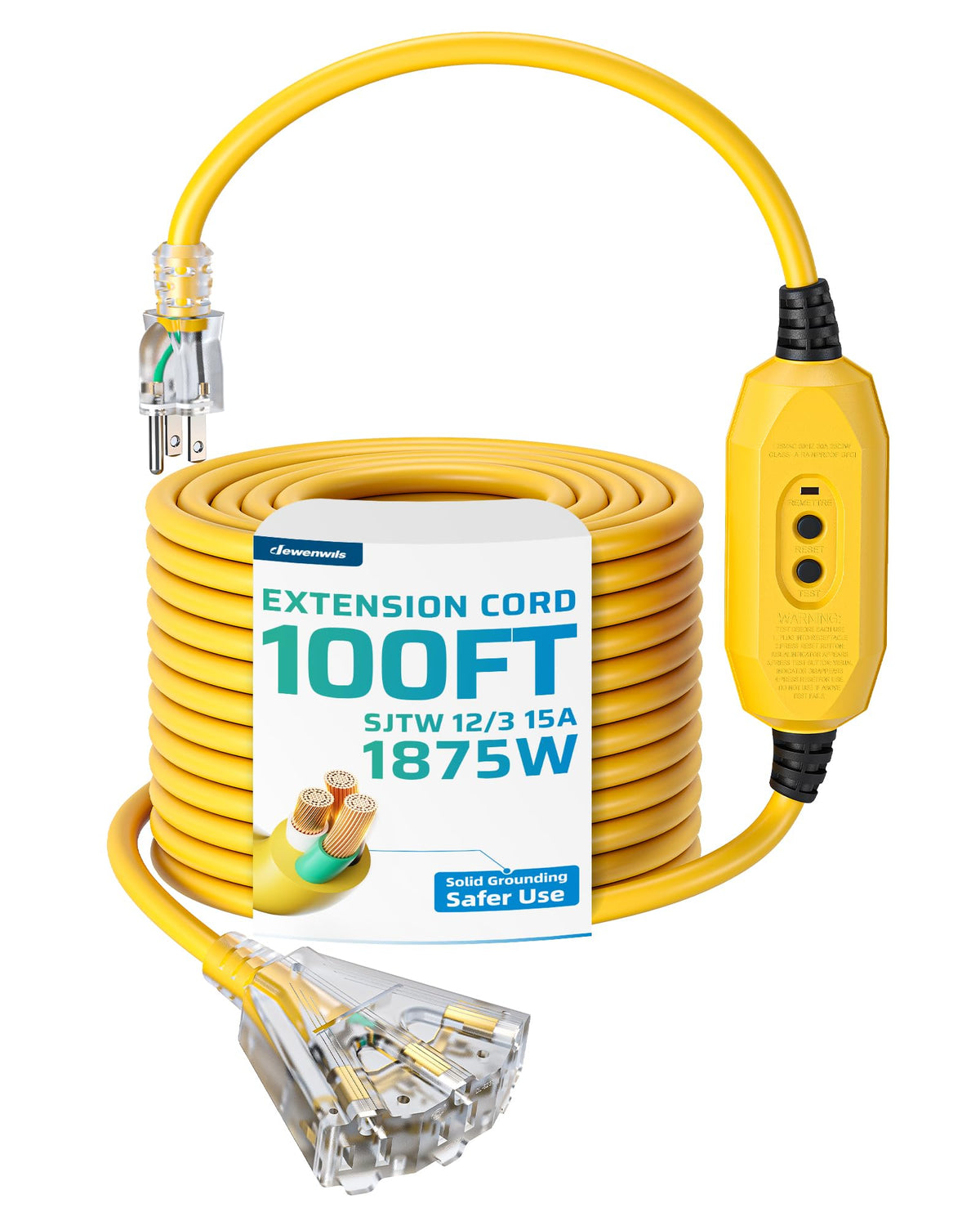 100FT GFCI Extension Cord 3 Prong Plug 12/3 AWG SJTW I67070