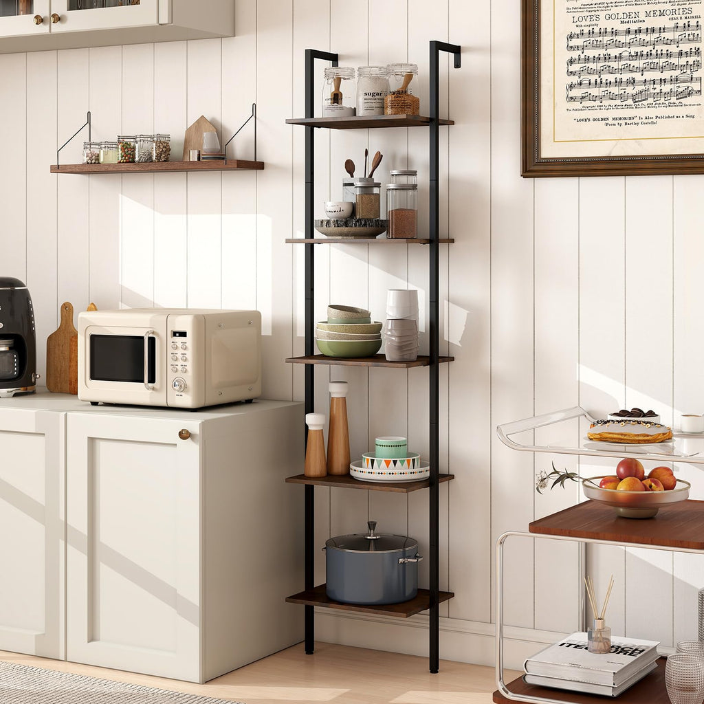 5 Tier Wall Mount Ladder Shelf with Metal Frame Y10841