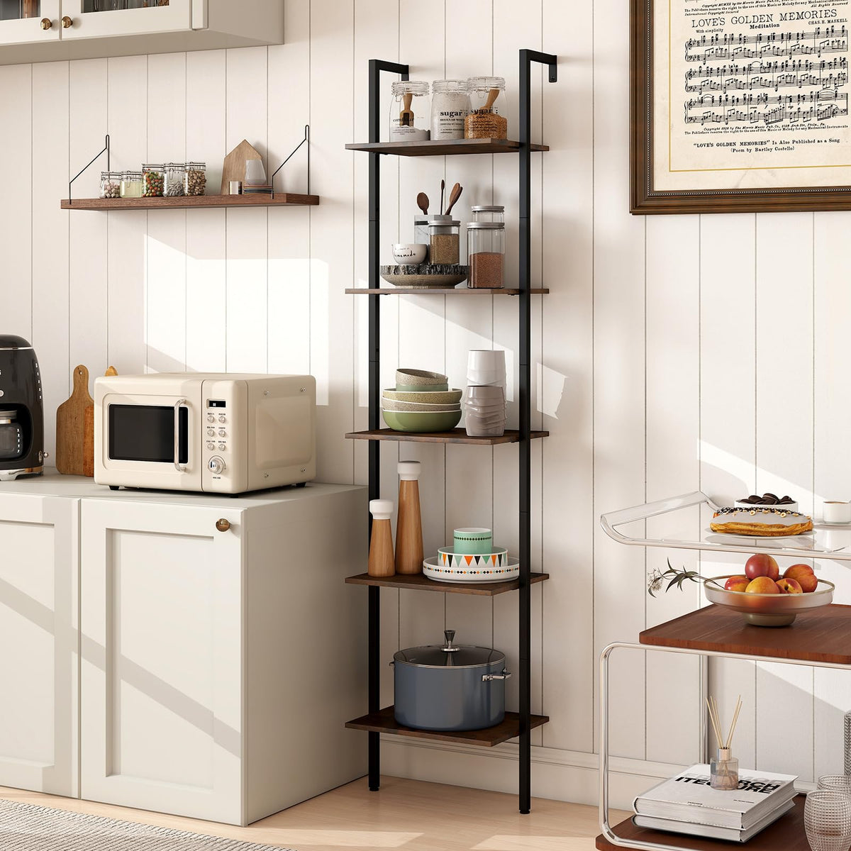 5 Tier Wall Mount Ladder Shelf with Metal Frame Y10841