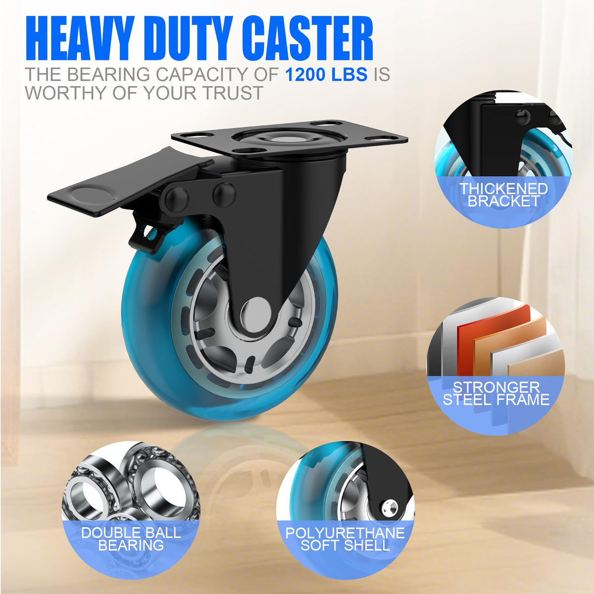 3 Inch Plate Casters Set of 4 Double Brake Heavy Duty W69665