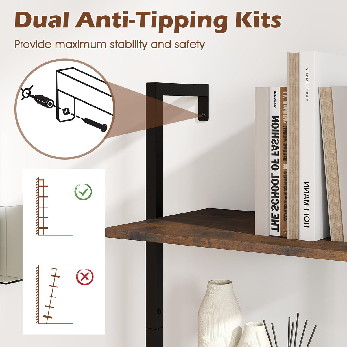 5 Tier Wall Mount Ladder Shelf with Metal Frame Y10841