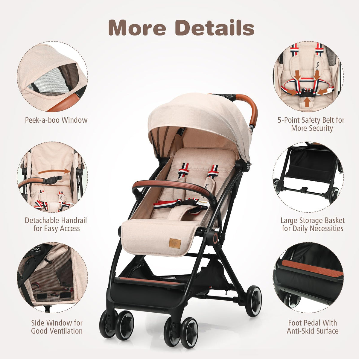 Lightweight Compact Baby Stroller with 5-Point Harness and Storage Basket, Beige G14565