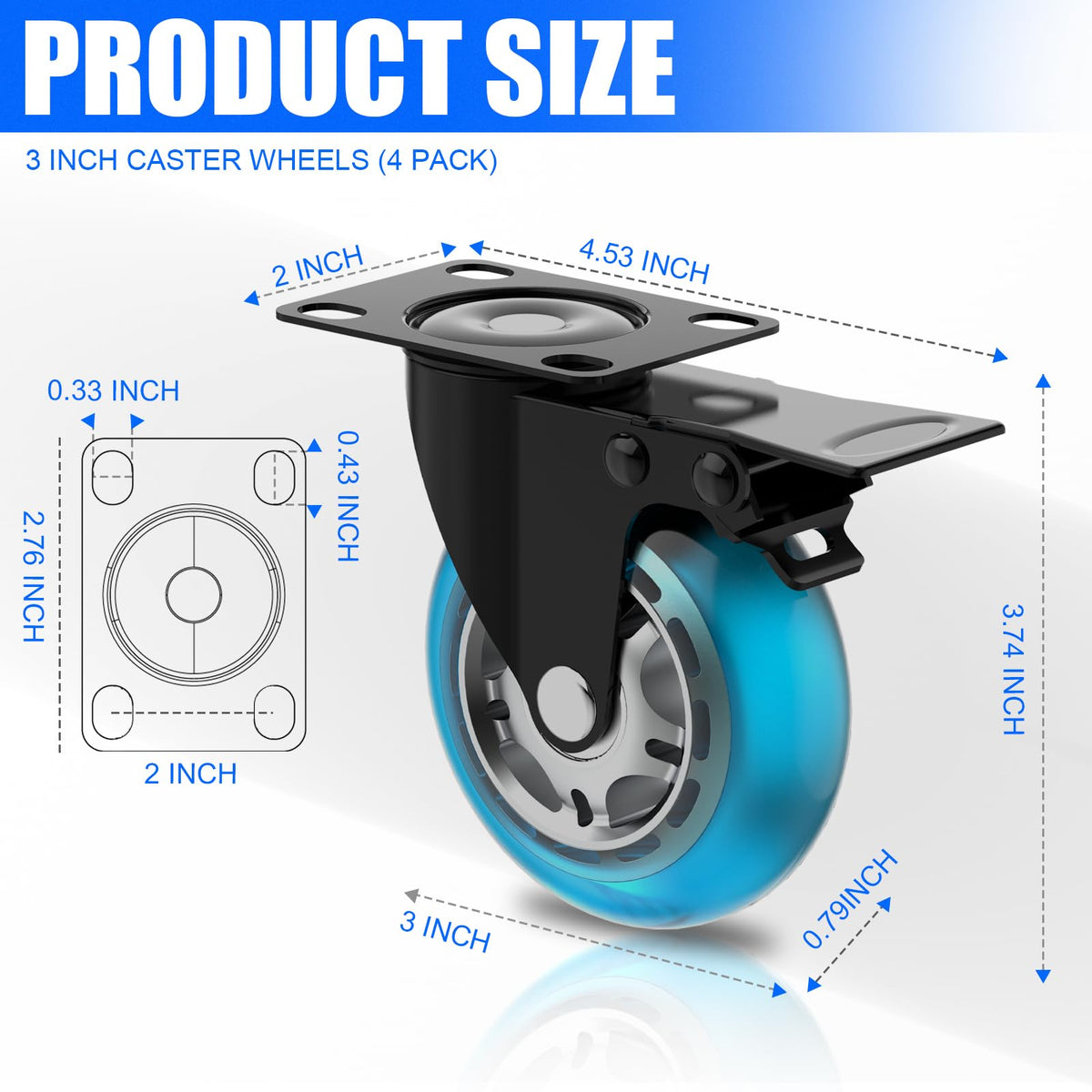 3 Inch Plate Casters Set of 4 Double Brake Heavy Duty W69665