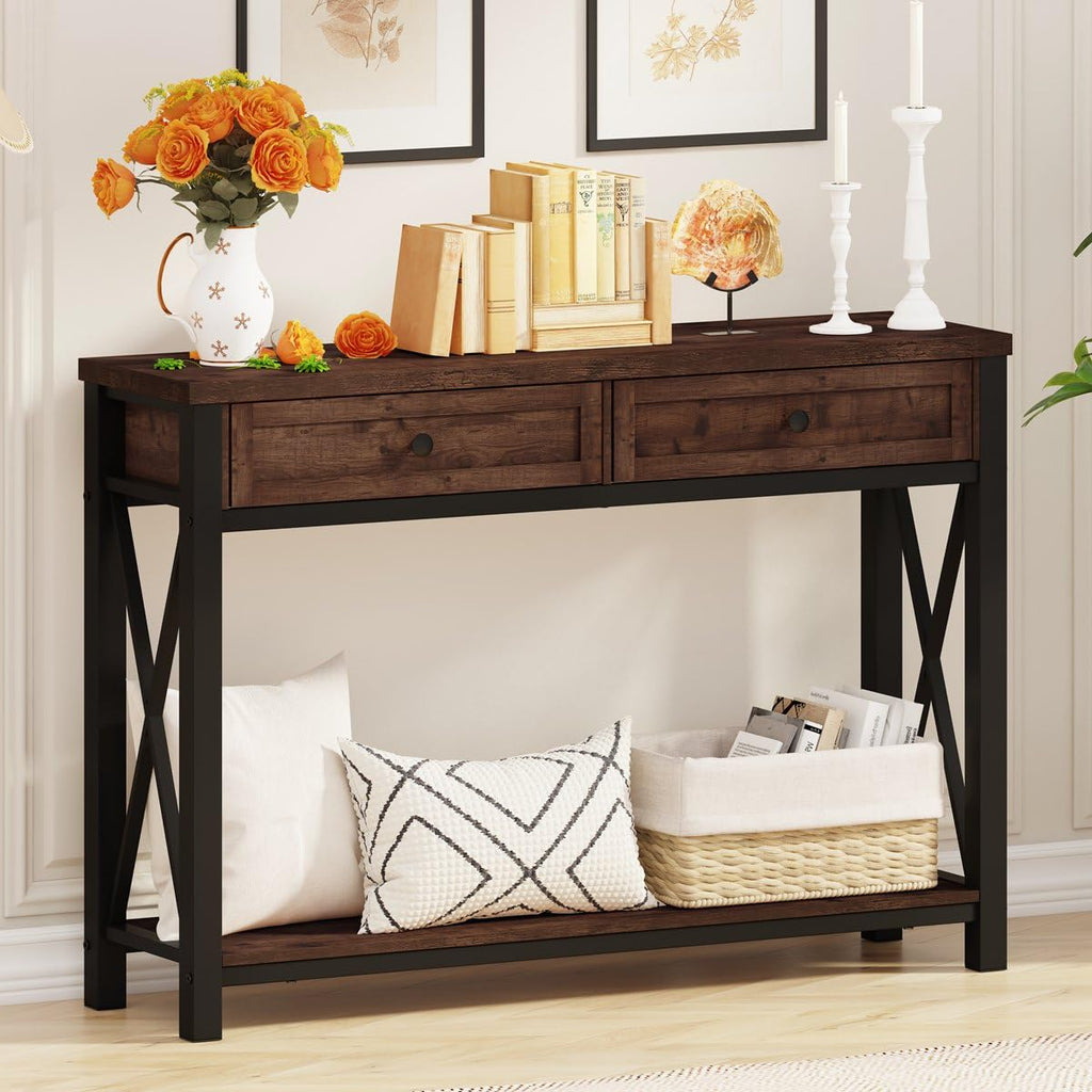 Rustic Console Table with 2 Drawers and 4-Tier Ladder Shelf Y858