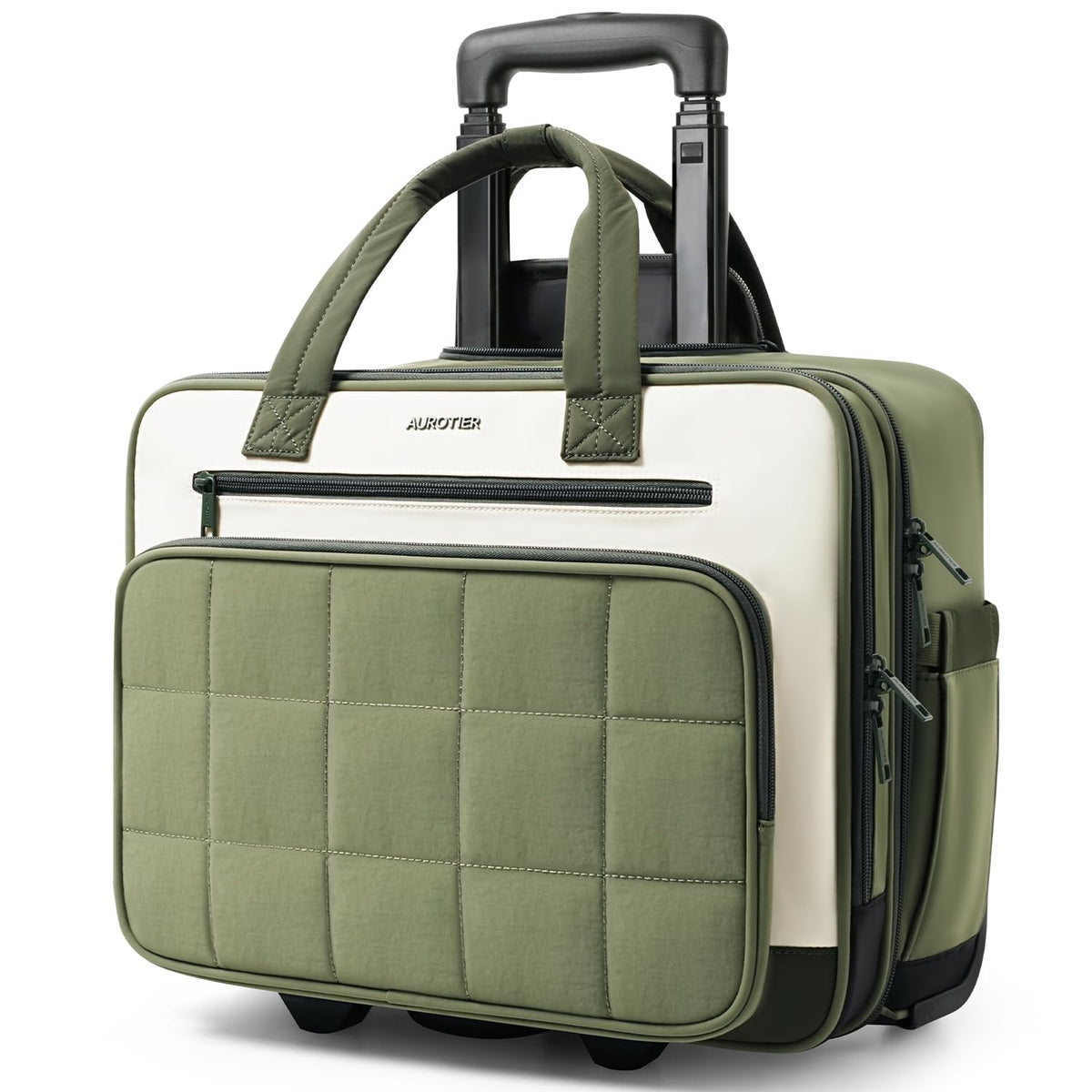 Rolling Puffer Laptop Bag, 16 Inch Water Resistant Carry On Luggage with Wheels, Green G34030