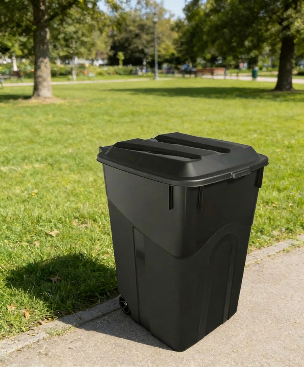 45 Gallon Black Wheeled Garbage Can with Attached Lid K359