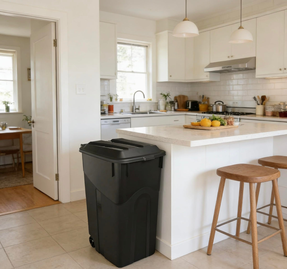 45 Gallon Black Wheeled Garbage Can with Attached Lid K359