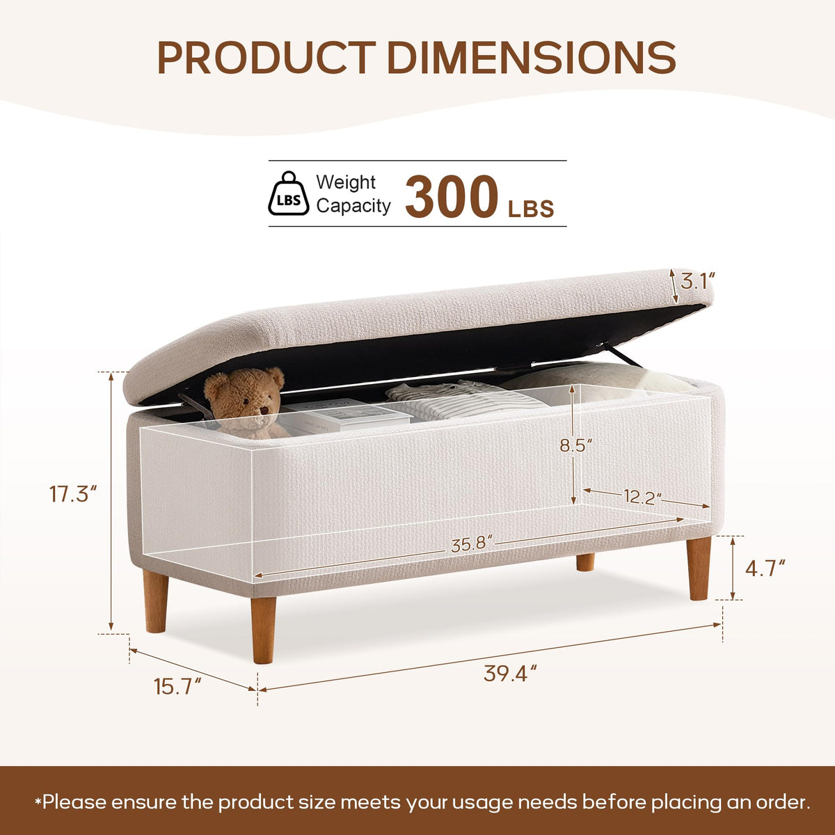 Beige Upholstered Storage Ottoman with Wooden Legs W892