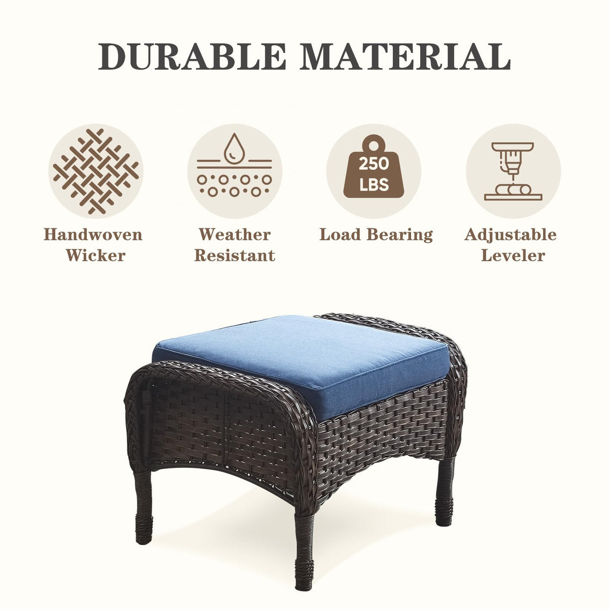 25 Inch PE Wicker Foot Stool Set of 2 with Removable Cushions Brown Z438