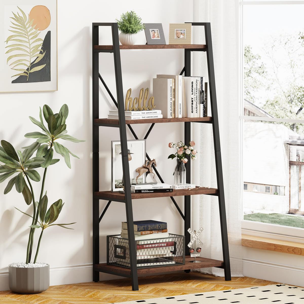 Rustic Console Table with 2 Drawers and 4-Tier Ladder Shelf Y858