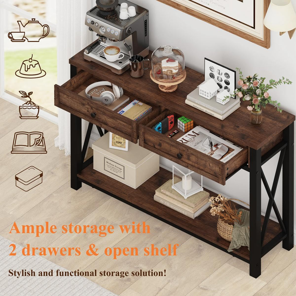 Rustic Console Table with 2 Drawers and 4-Tier Ladder Shelf Y858
