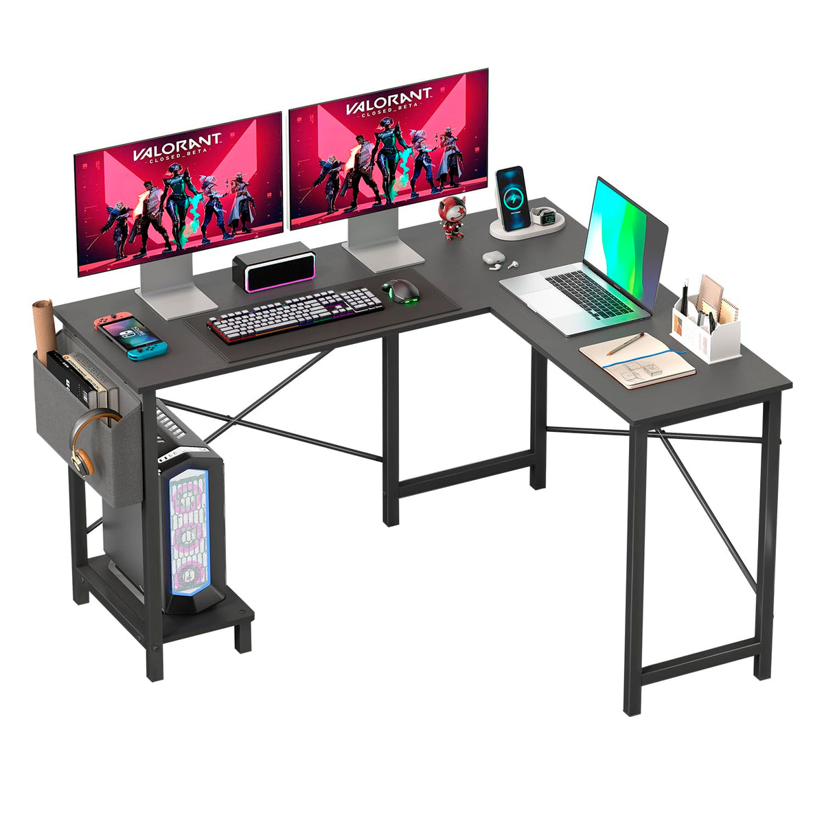50 Inch Black L-Shaped Desk with Side Storage Bag & CPU Stand T465