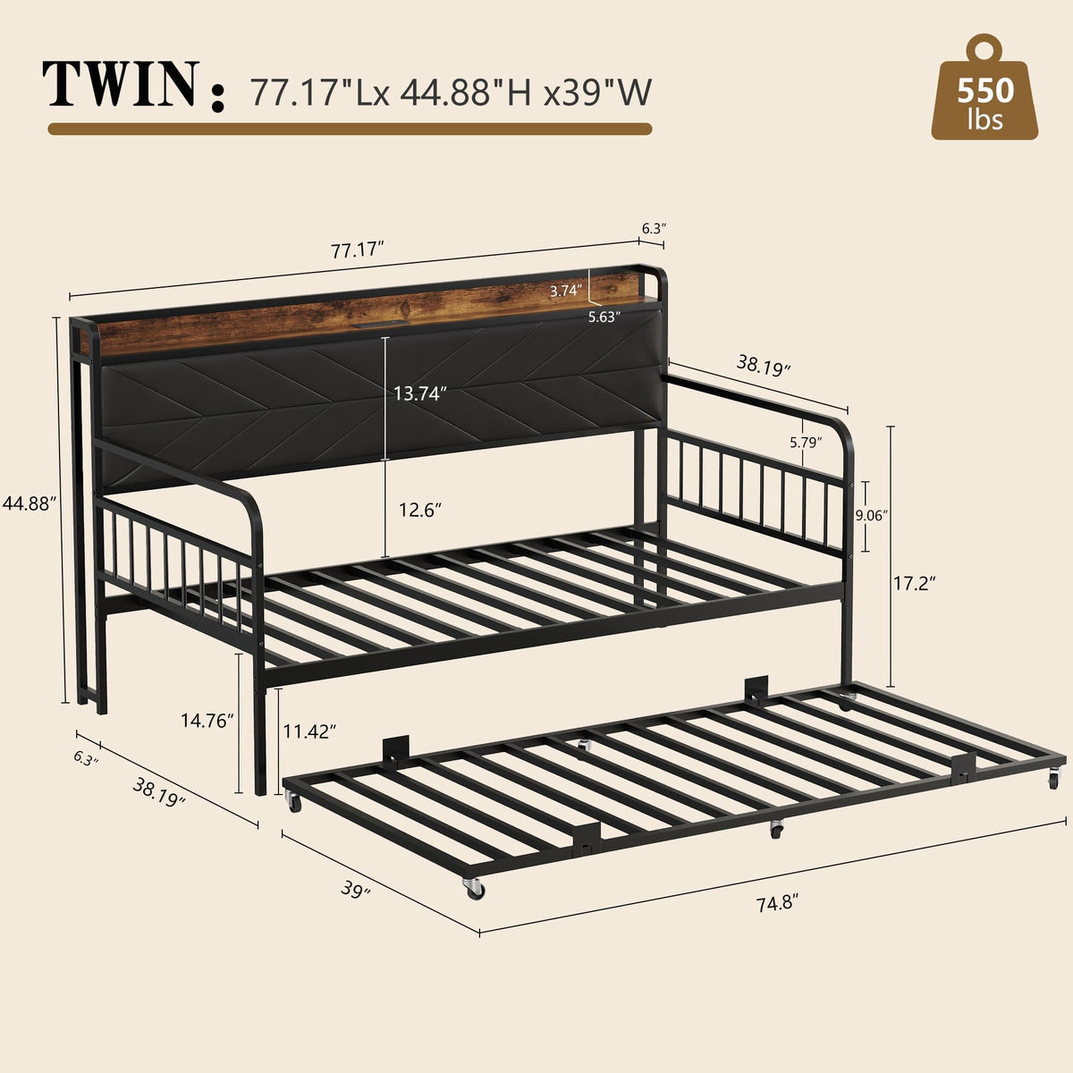 Black Metal Twin Daybed with Trundle and Storage Headboard A525