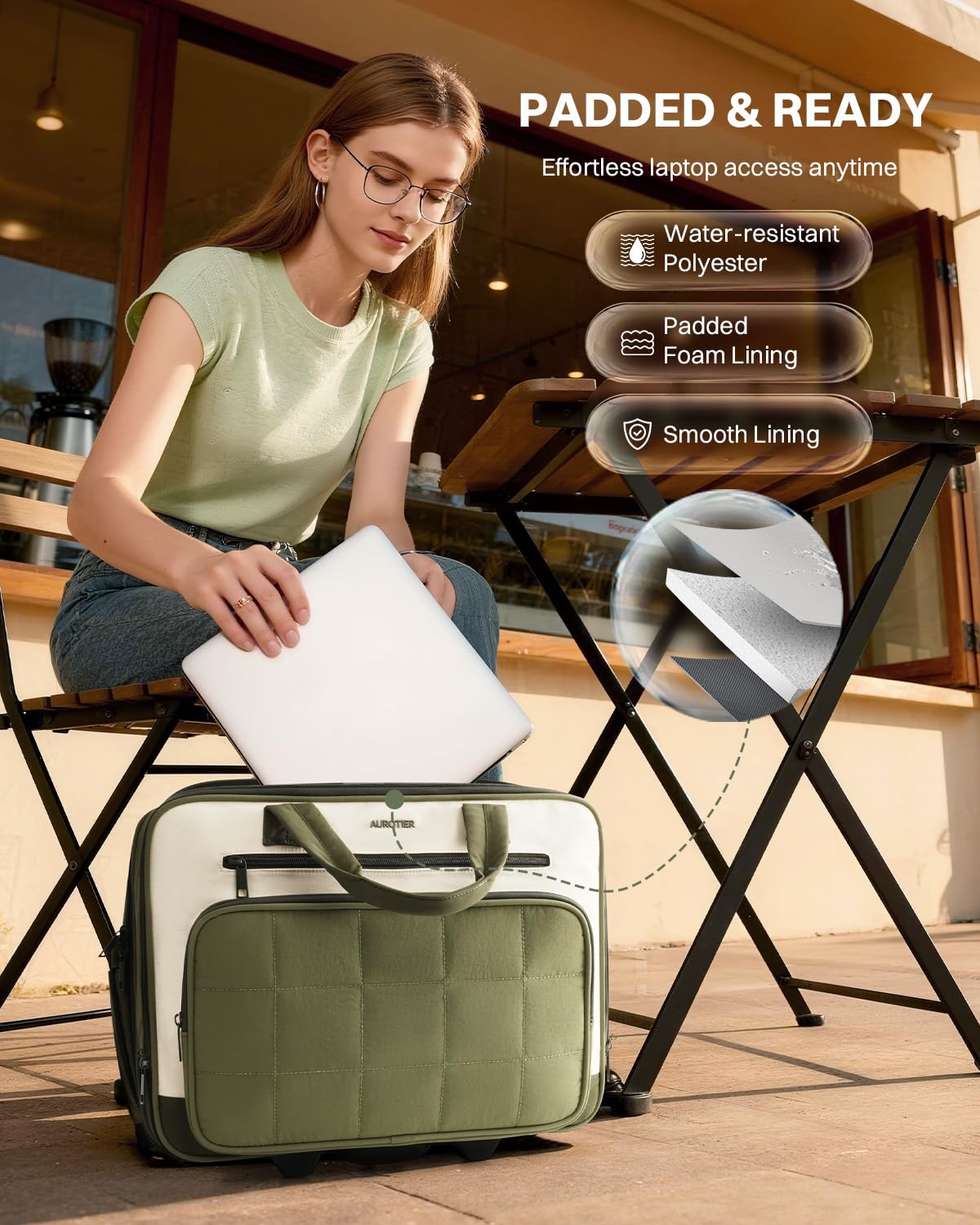 Rolling Puffer Laptop Bag, 16 Inch Water Resistant Carry On Luggage with Wheels, Green G34030