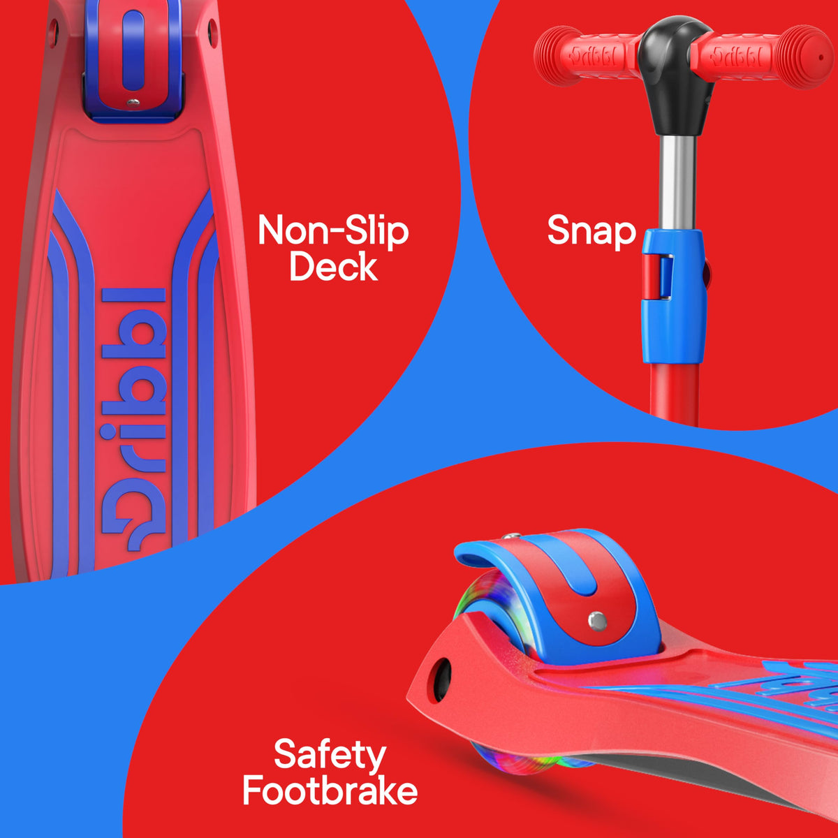 3-Wheel Kids Scooter Adjustable Height Anti-Slip Deck Red and Blue X107