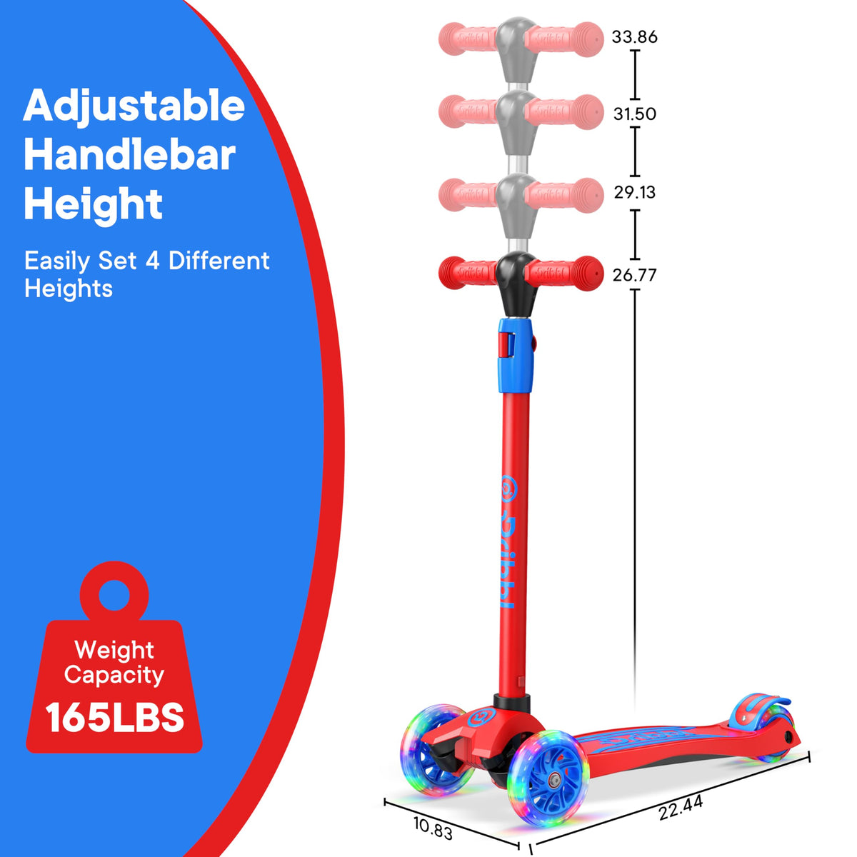 3-Wheel Kids Scooter Adjustable Height Anti-Slip Deck Red and Blue X107