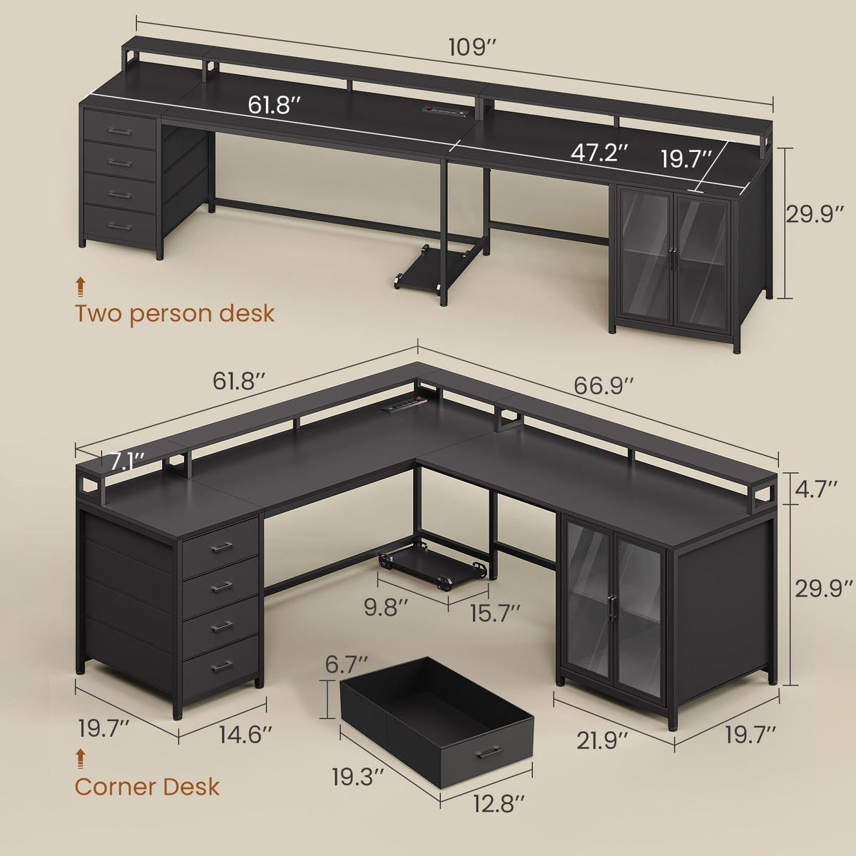 L Shaped Gaming Desk with 4 Drawers and Power Outlet, Black P37183