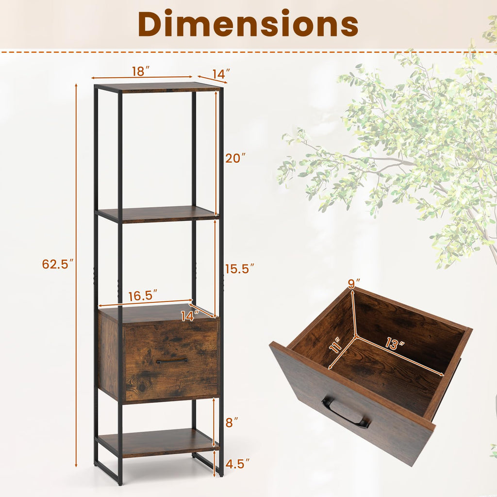 5-Tier Bookshelf with Drawer Narrow Bookcase O32708