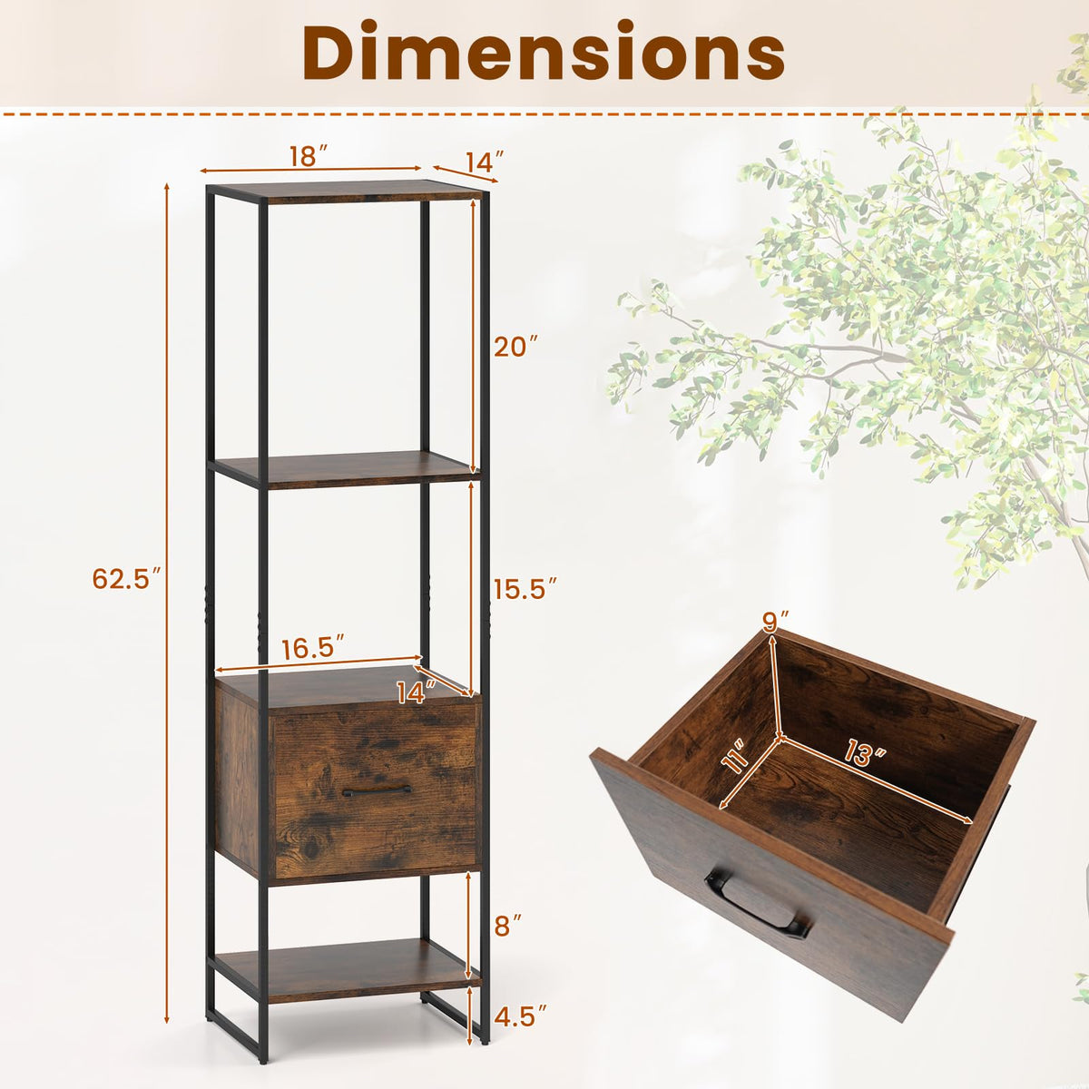 5-Tier Bookshelf with Drawer Narrow Bookcase O32708