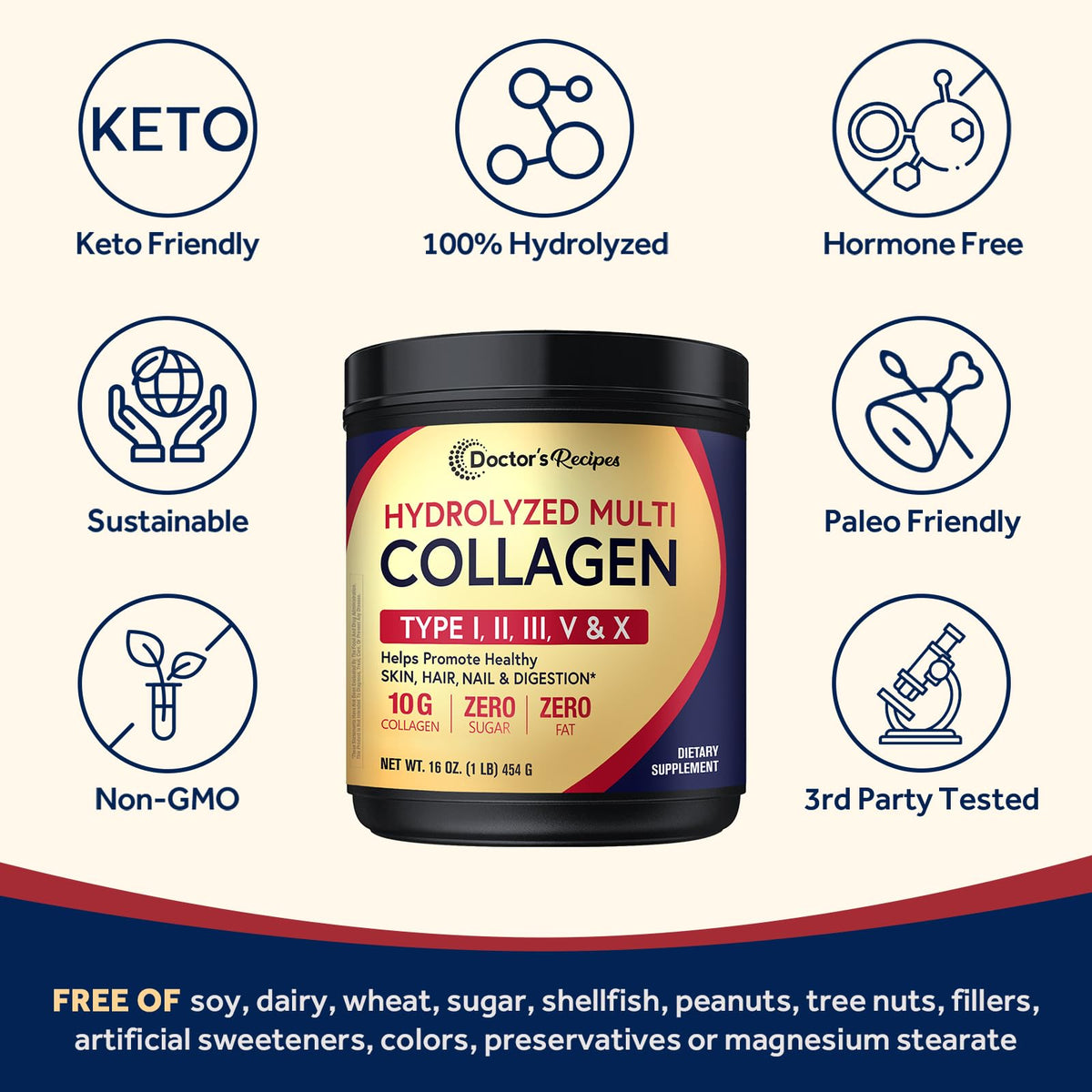Multi Collagen Peptides Powder Type I II III V X 16oz P278086