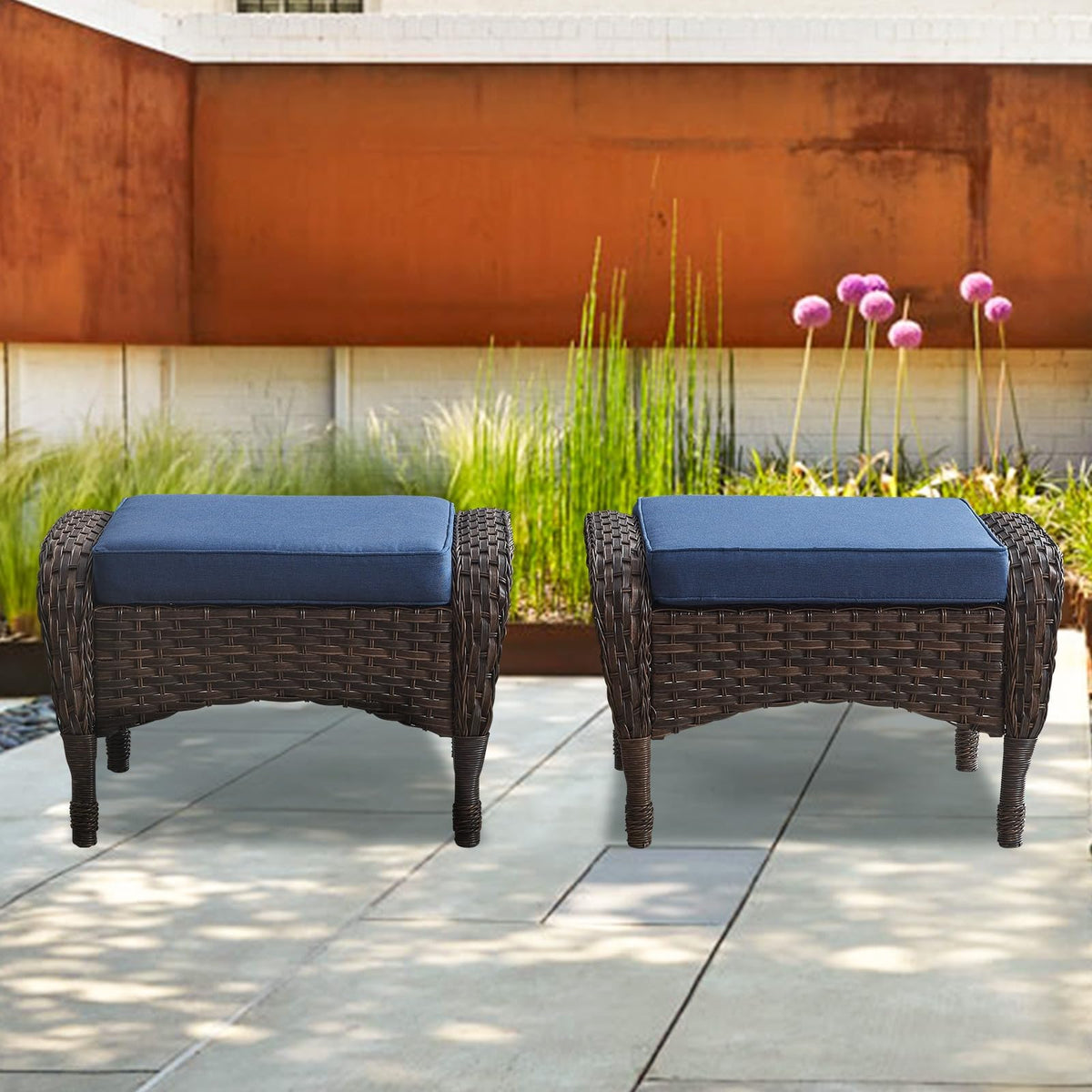25 Inch PE Wicker Foot Stool Set of 2 with Removable Cushions Brown Z438