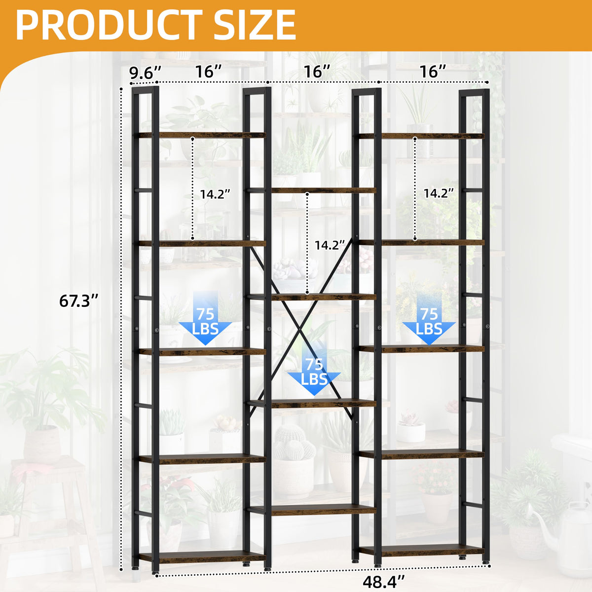 5 Tier Metal Bookshelf with Rustic Brown Shelves J374