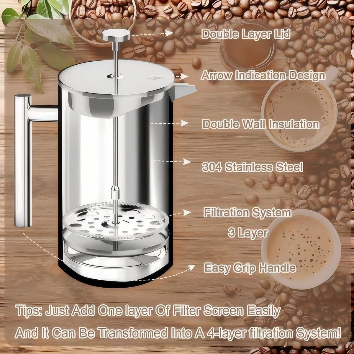 Stainless Steel French Press Coffee Maker 34oz J52776