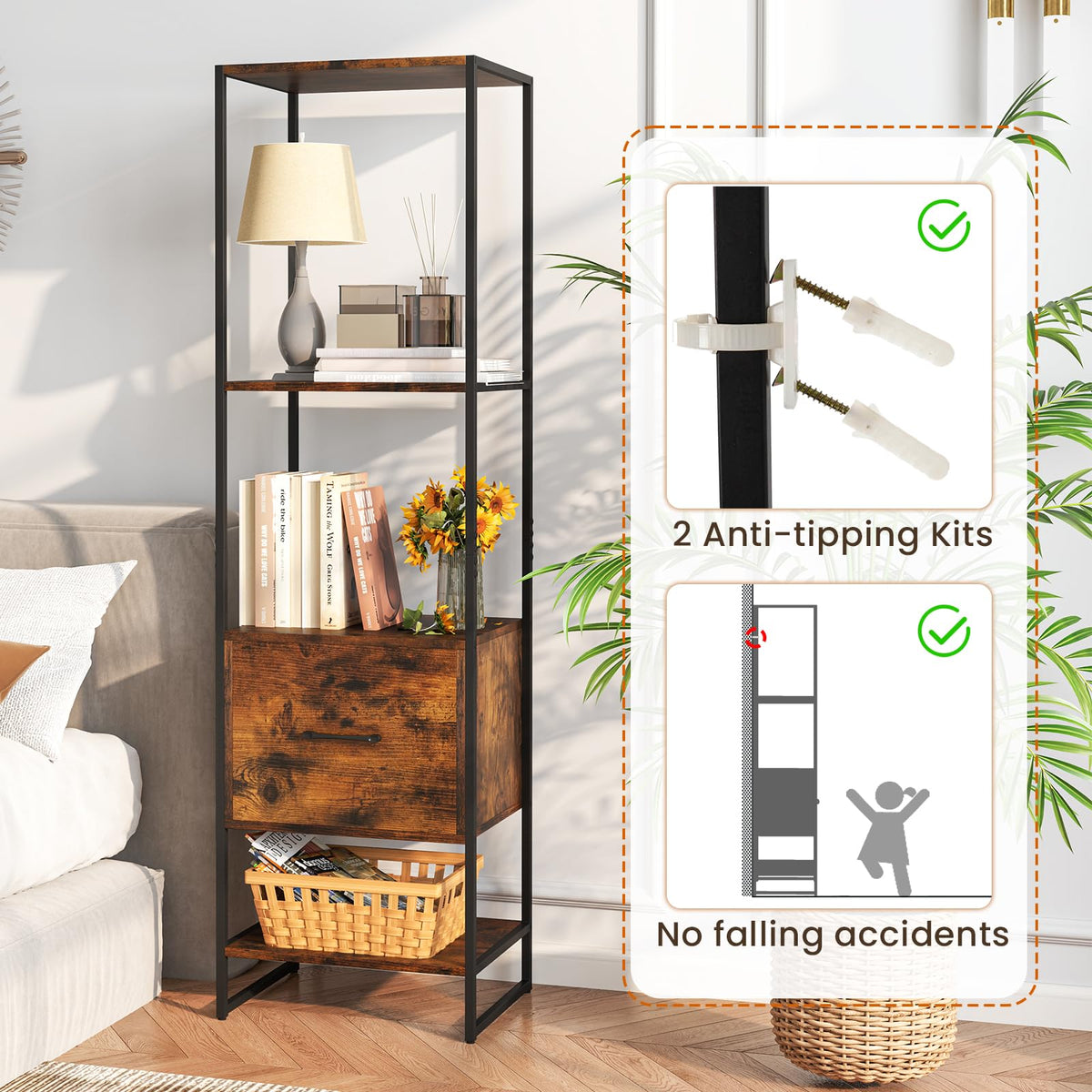 5-Tier Bookshelf with Drawer Narrow Bookcase O32708