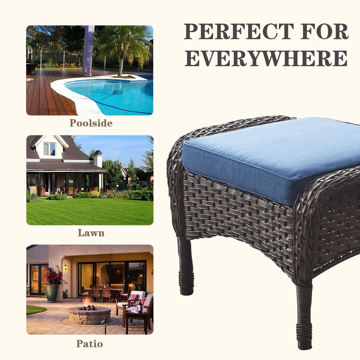 25 Inch PE Wicker Foot Stool Set of 2 with Removable Cushions Brown Z438