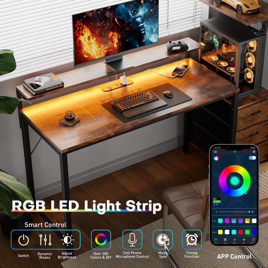 44 Inch Gaming Desk with Power Outlets & LED Lights M8223