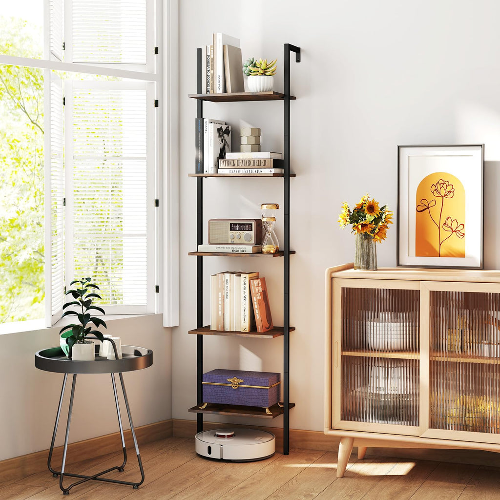 5 Tier Wall Mount Ladder Shelf with Metal Frame Y10841
