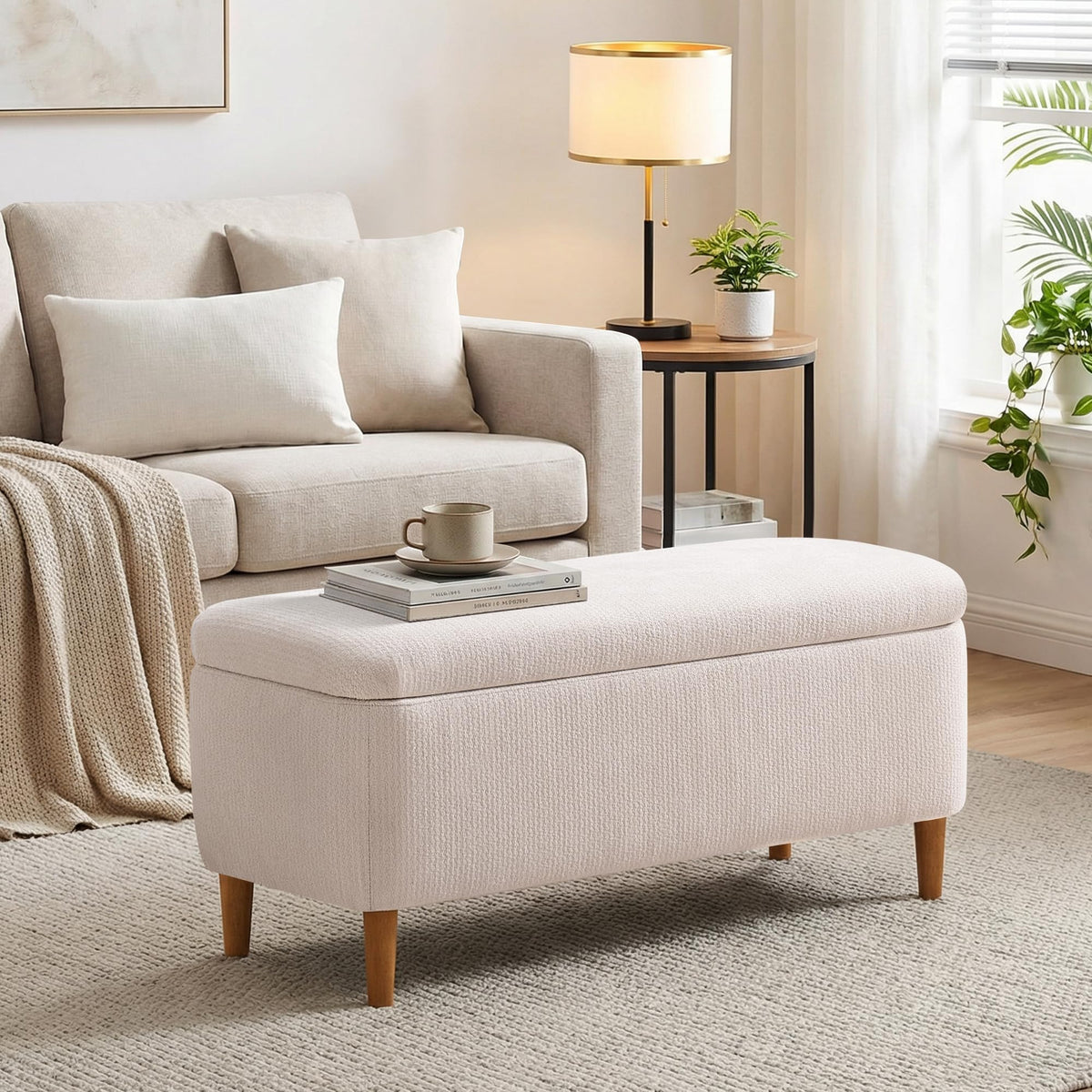 Beige Upholstered Storage Ottoman with Wooden Legs W892