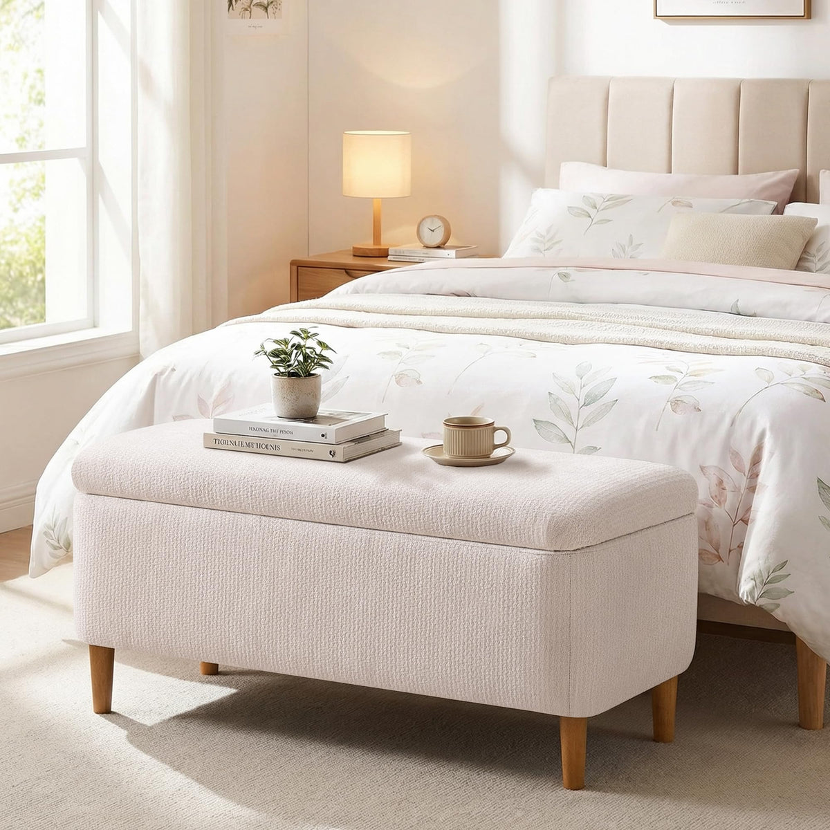 Beige Upholstered Storage Ottoman with Wooden Legs W892