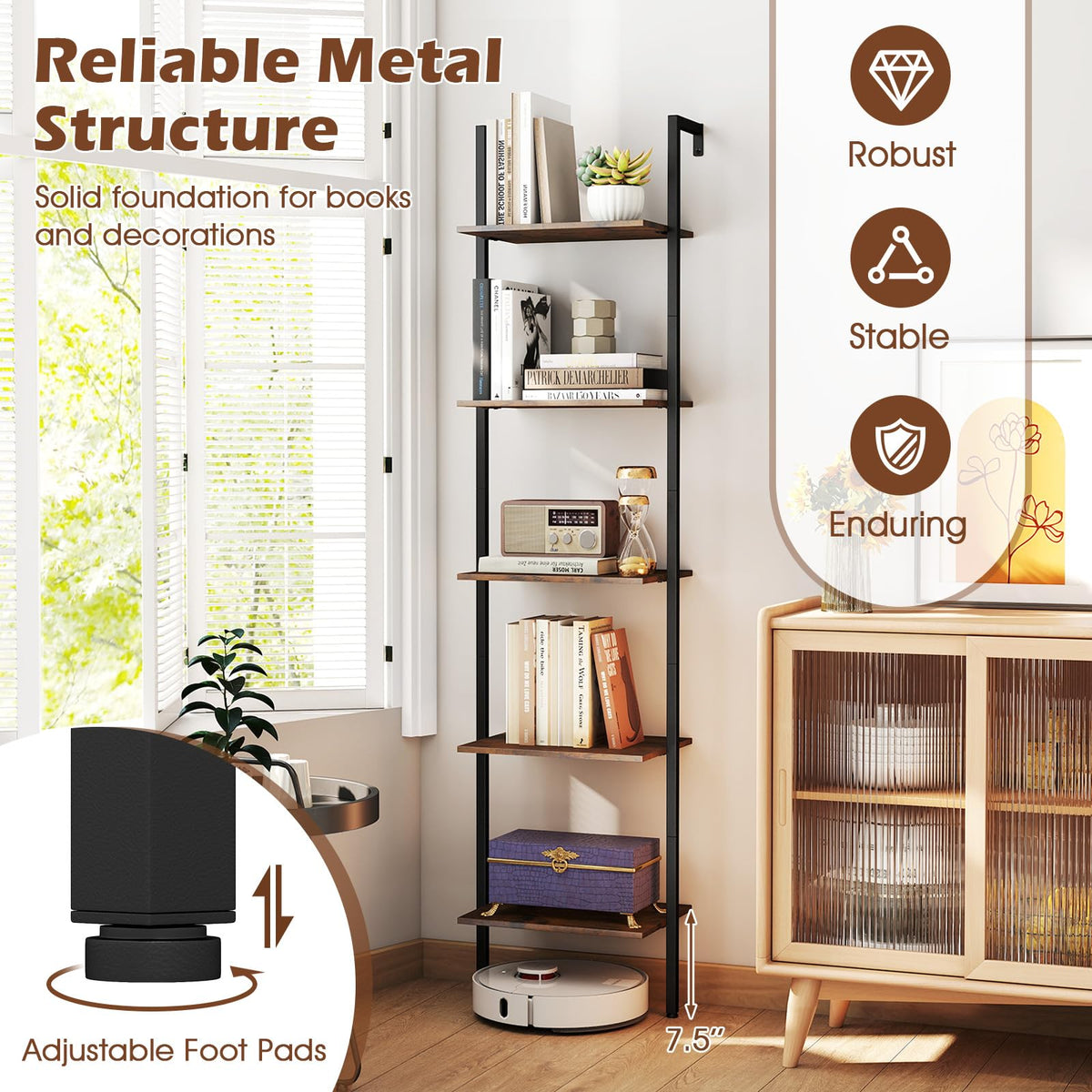5 Tier Wall Mount Ladder Shelf with Metal Frame Y10841
