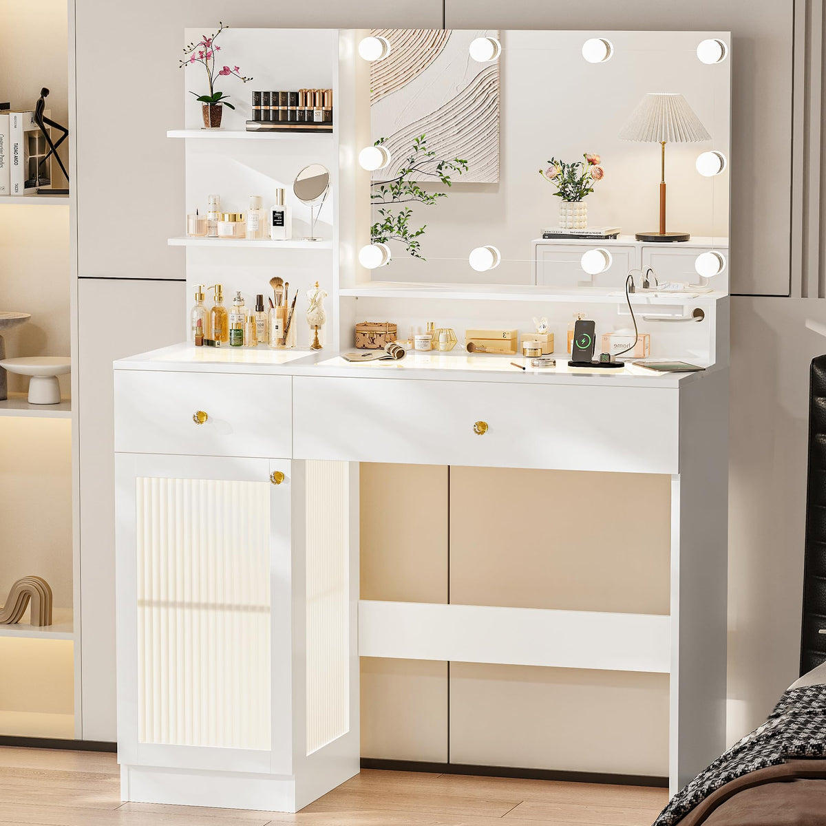 40" White Vanity Desk with Mirror and Lights P482986