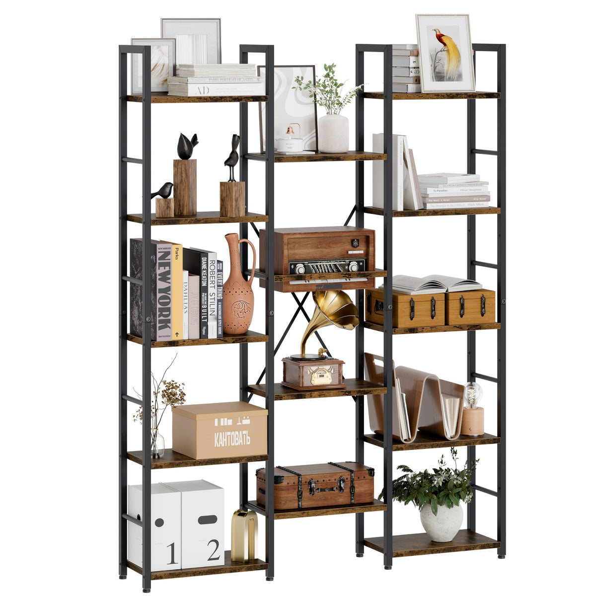 5 Tier Metal Bookshelf with Rustic Brown Shelves J374